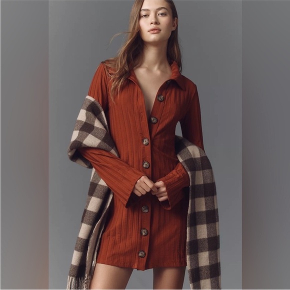 NWT! Reformation Benton Ribbed Button-Front Sweater Mini Dress 🟤 - Picture 5 of 10